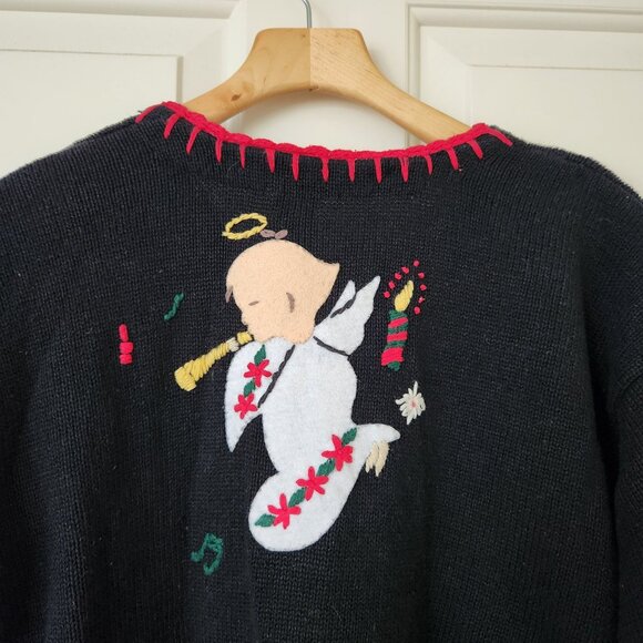 Vintage Angel Christmas Cardigan Sweater Black Red Winter Holiday Party Grandma - Picture 4 of 10